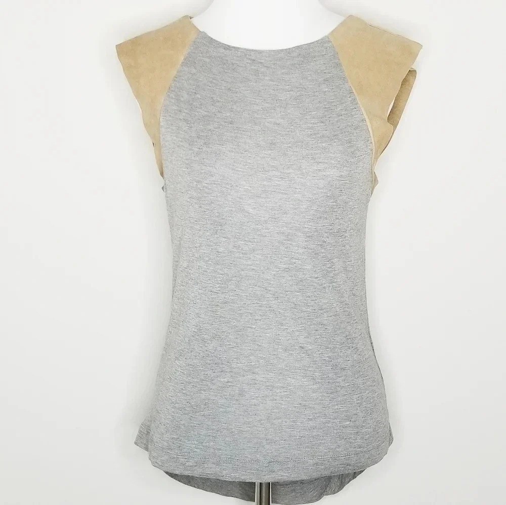 All Saints Gray & Tan Suede Leather Sleeve Top 4